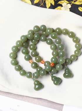 天然和田玉青黄口料圆珠搭配小葫芦坠子原创款手链 女款玉石手串