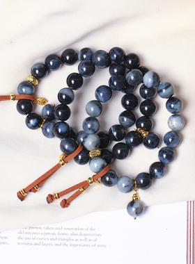 天然和田玉聚墨色青花籽料圆珠原创搭配款手链 女款玉石手串饰品
