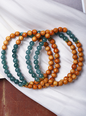 天然A货翡翠蓝水料圆珠搭配崖柏原创手链 女款文玩玉石设计款饰品