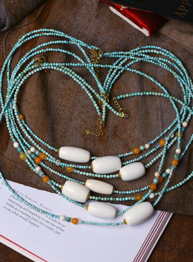 天然猛犸象牙桶珠搭配绿松石链子原创款吊坠锁骨链男女款文玩饰品