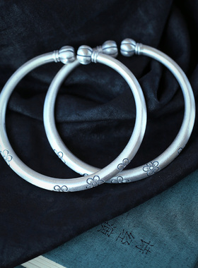 999足银复古梅花南瓜头款手镯女