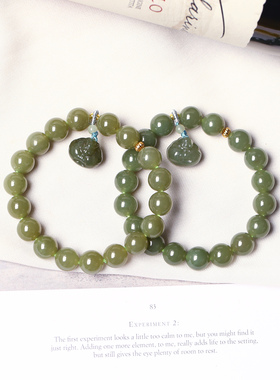 天然和田玉青黄口料圆珠搭配小弥勒佛坠子原创款手链女款玉石手串