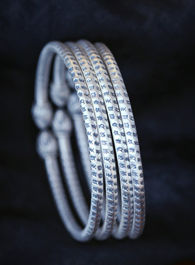 999足银复古莲花头心经纹对开口款手镯 女款时尚流行手饰手镯饰品