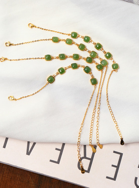 天然俄罗斯碧玉冰阳绿蛋面纯银镶嵌款手链 女款时尚款玉石饰品