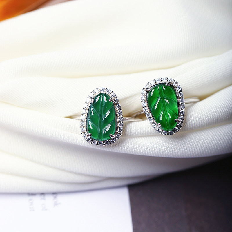 天然A货翡翠危料帝王绿叶子纯银镶款戒指 女款时尚翡翠戒指饰品,淘宝优惠券,粉丝福利购,淘宝优惠卷