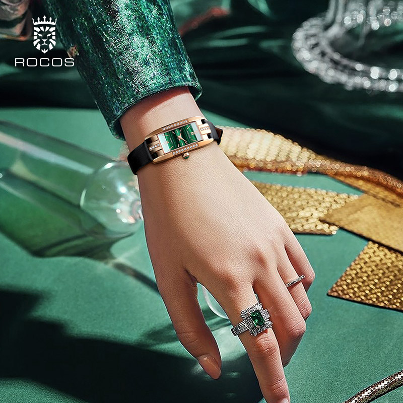rocos手表旗舰店雷克斯ROCOS正品牌ins风小绿表方形气质时尚潮流皮带手表女表防水1