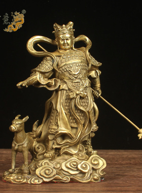 真古意  纯铜二郎神摆件  铜二郎真君杨戬铜像哮天犬家居生肖摆件