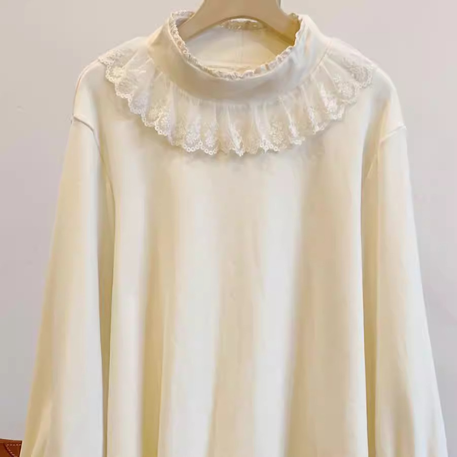 宽松蕾丝拼接百搭长袖T恤女甜美泡泡袖蕾丝拼接半高领打底衫上衣,淘宝优惠券,粉丝福利购,淘宝优惠卷