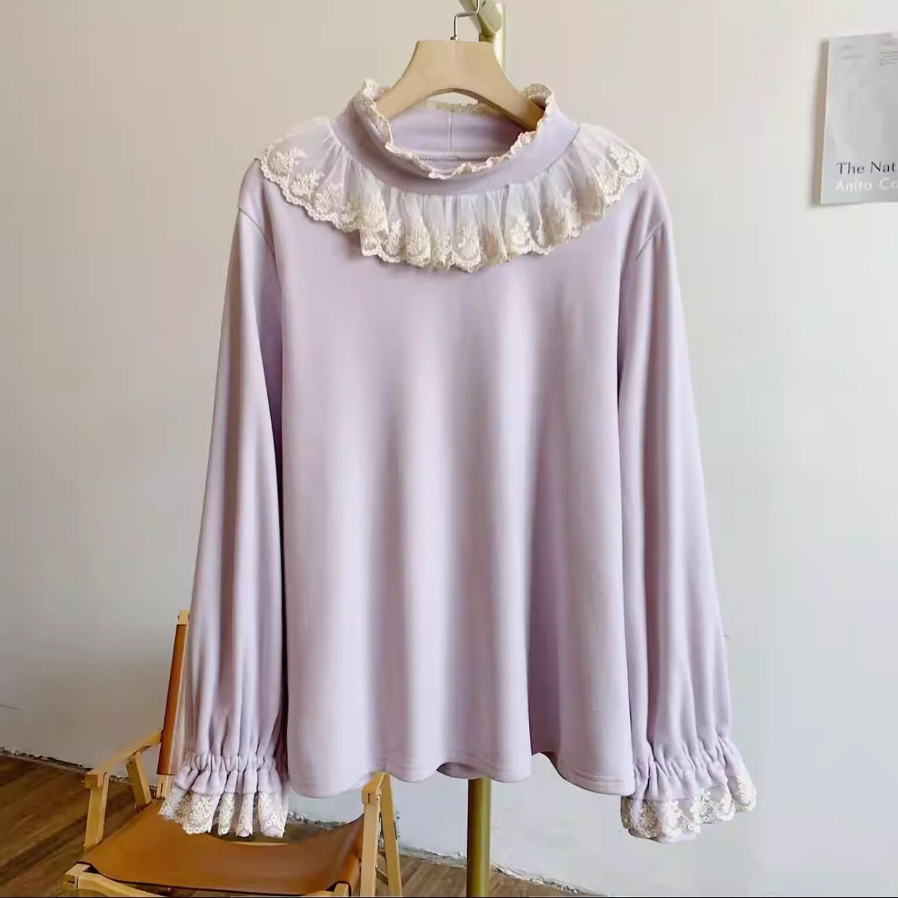 宽松蕾丝拼接百搭长袖T恤女甜美泡泡袖蕾丝拼接半高领打底衫上衣,淘宝优惠券,粉丝福利购,淘宝优惠卷