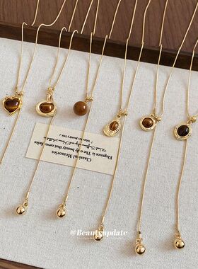 虎眼石爱心几何吊坠可调节项链