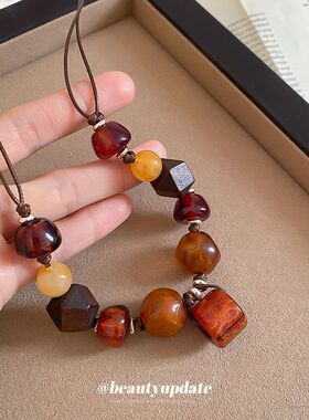 民族风树脂木头串珠项链复古气质