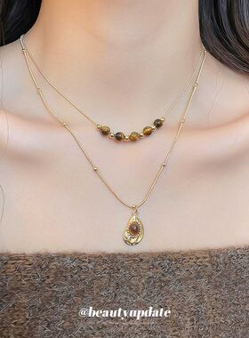 复古虎眼石花朵吊坠项链美拉德复古小众气质锁骨链轻奢高级感颈链