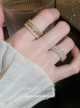 开口锆石手饰设计优雅指环欧美方形戒指金属镂空珍珠气质小众批发