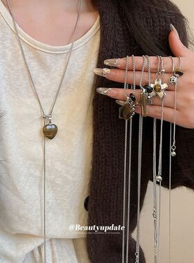 不锈钢虎眼石几何吊坠项链休闲