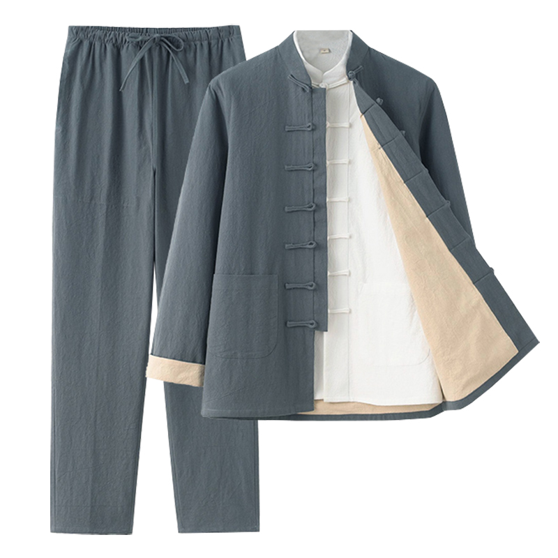 唐装男中国风春秋棉麻中式长袖三件套外套汉服禅修太极功夫居士服 - 图3