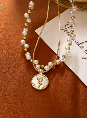 XKDDCT双层叠戴玫瑰珍珠项链高级