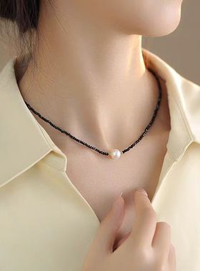 XKDDCT黑色水晶锁骨链女天然淡水