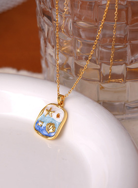 XKDDCT蓝色海洋珐琅海星贝壳项链