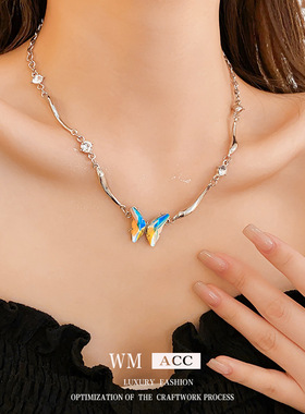 XKDDCT新款钛钢彩色镶钻蝴蝶项链