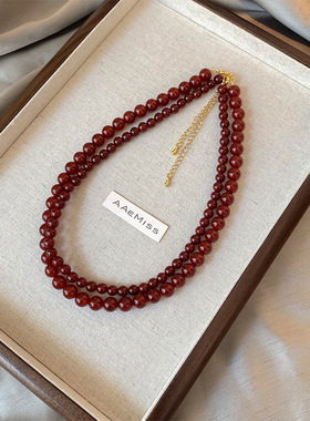 XKDDCT红色玛瑙串珠项链女百搭高