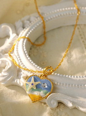 XKDDCT法式文艺复古海蓝油画项链