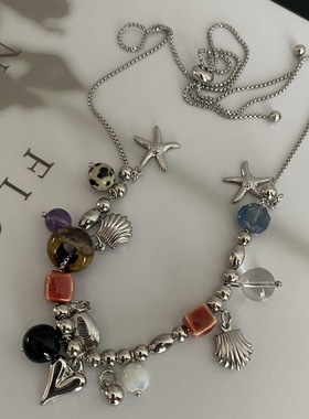 不锈钢个性爆款彩珠圆球串珠四芒星抽拉女高级设计感小众百搭项链