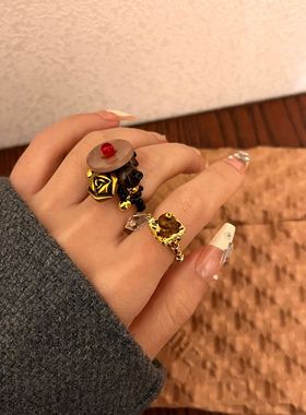 女金属复古风贝母纽扣戒指