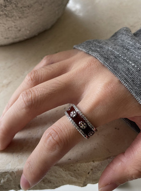 安哥拉红锆石拼接戒指新款小众高级感简约百搭食指戒复古秋冬配饰