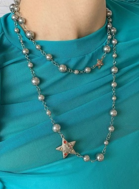 韩系时尚双层灰色珍珠长项链ins首饰潮流百搭锁骨链毛衣链