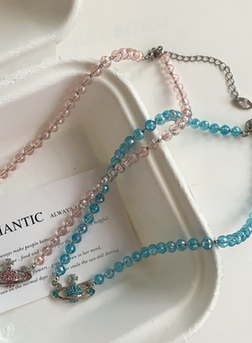 西太后经典土星水晶粉蓝珠锁骨链项链超闪镶钻轻奢小众高级感项链