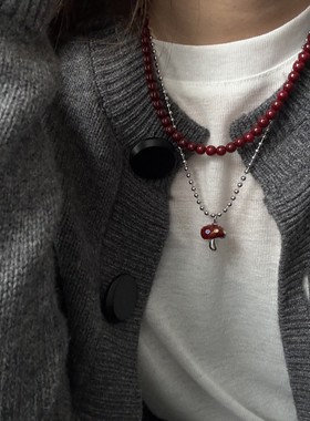 红色珍珠爱心项链双层叠戴