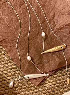小众设计多种戴法双面叶片Y形水滴项链小众天然珍珠毛衣链长款女