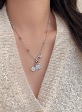 冷淡风小众镶钻包包花朵吊坠项链女个性别致日常潮流锁骨链小香风