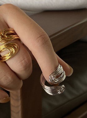 黄铜电镀18K真金手工绕条欧美设计感欧美跨境小众戒指可调节指环