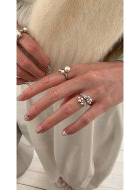 韩版高亮珍珠素圈开口叠戴指环戒 ins轻奢百搭手工镶钻气质戒指女