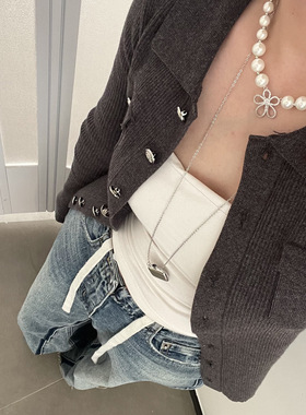 2025新款方形金属酒壶吊坠长款项链简约轻奢小众设计感黑绳毛衣链