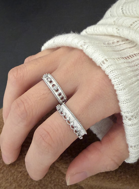 韩版拉丝花朵镂空锆石戒指高级感蕾丝ins简约甜美叠戴食指戒