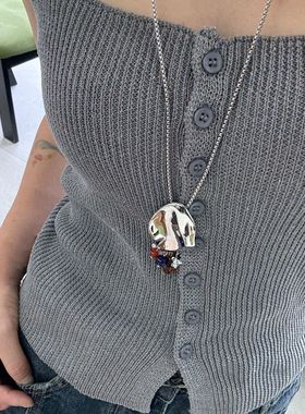 ins金属凹凸褶皱独特项链天然石流苏吊坠毛衣链蓝色花朵项链