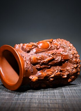 实木雕刻天然黄杨木整料雕件八仙过海笔筒书房用品办公摆件10cm