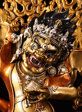 藏传黄铜鎏金银彩绘描脸护法玛哈嘎拉佛像居家佛堂供奉大摆件38cm