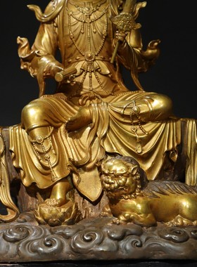 黄铜鎏金文殊普贤菩萨坐狮象持宝剑菩萨居家佛堂供奉摆件饰品46㎝
