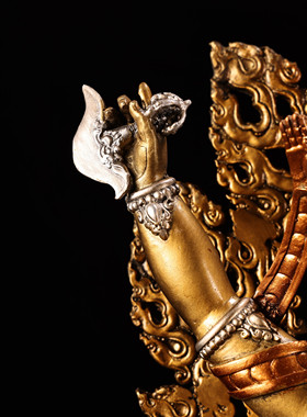 藏传黄铜鎏金银彩绘描脸护法玛哈嘎拉佛像居家佛堂供奉大摆件38cm