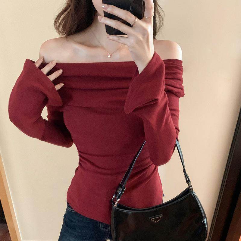 小众~设计感不规则长袖T恤女韩版春秋打底衫修身一字肩露肩上衣潮,淘宝优惠券,粉丝福利购,淘宝优惠卷