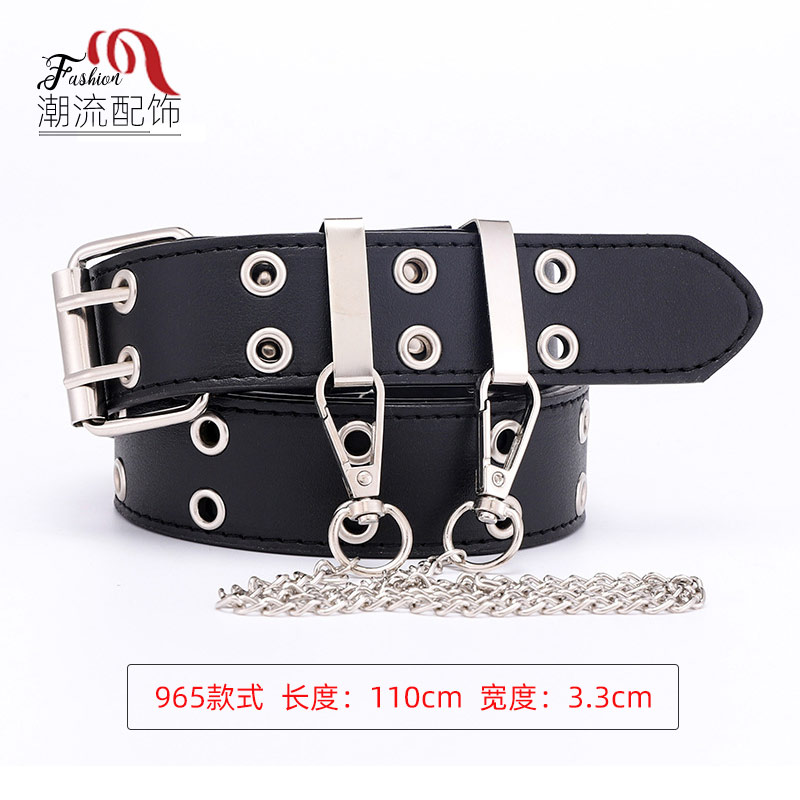 腰带女装饰白色裤带朋克嘻哈个性链条牛仔休闲双排多孔裤袋宽皮带