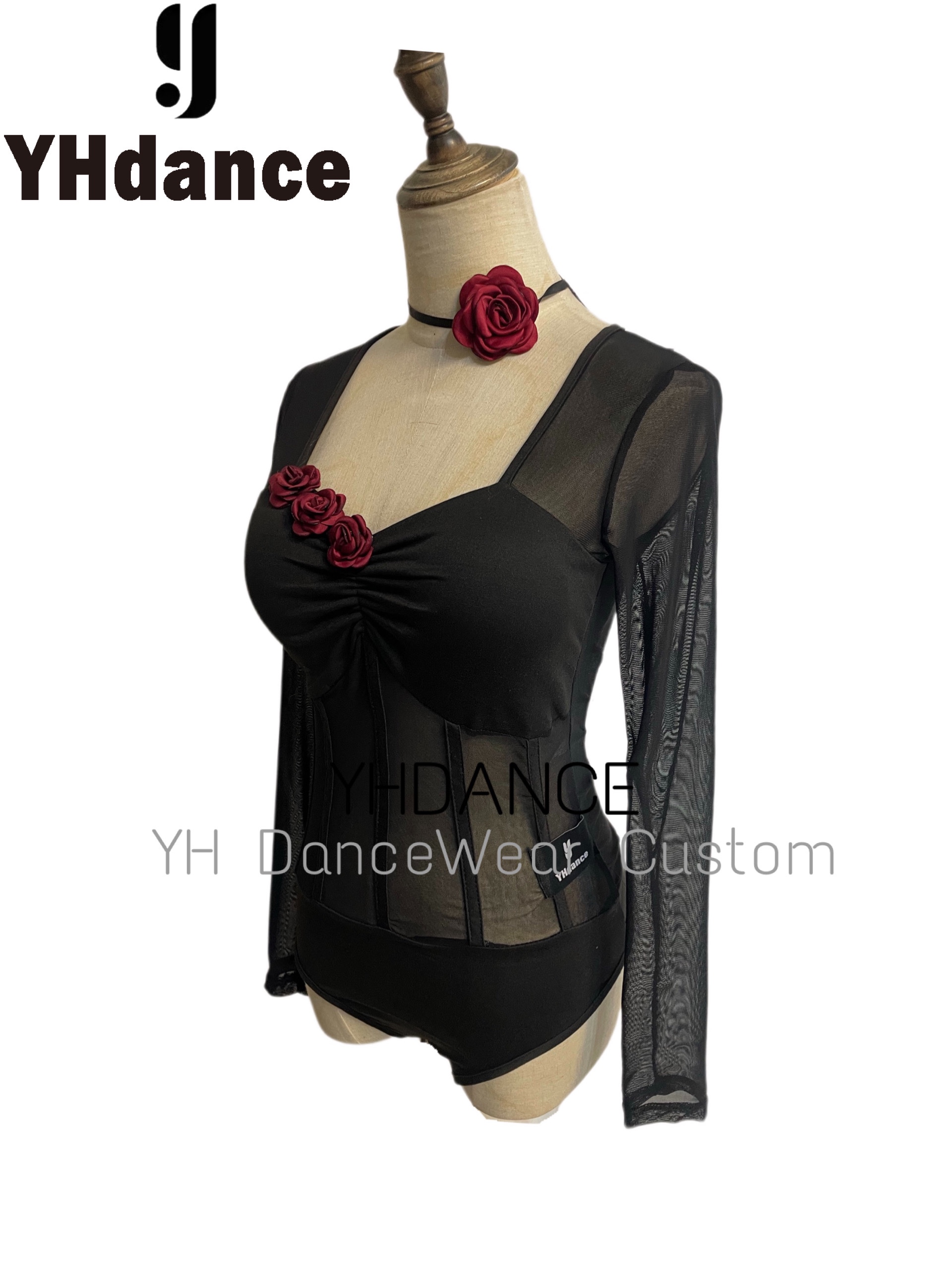 YHDANCE拉丁舞摩登练功服女网纱上衣舞服装性感连体衣带胸垫C152