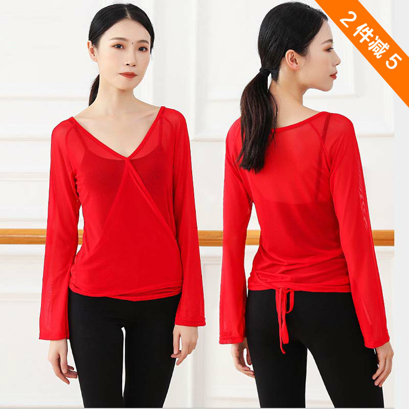 中国古典舞网纱上衣练功服女宽松系带舞蹈服装教师V领喇叭袖罩衫