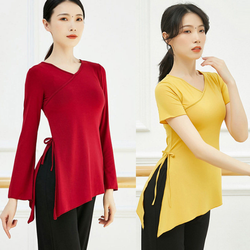 练功服女古典舞莫代尔系带舞蹈服装开叉瑜伽上衣V领喇叭袖演出服
