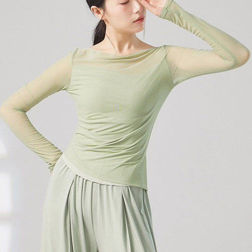 现代舞假两件网纱练功服夏季显瘦长袖瑜伽演出服学生古典舞女上衣 - 图1