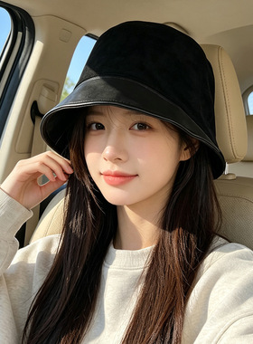 秋冬麂皮绒PU皮拼接水桶帽女网红渔夫帽洋气百搭显脸小氛围感帽子
