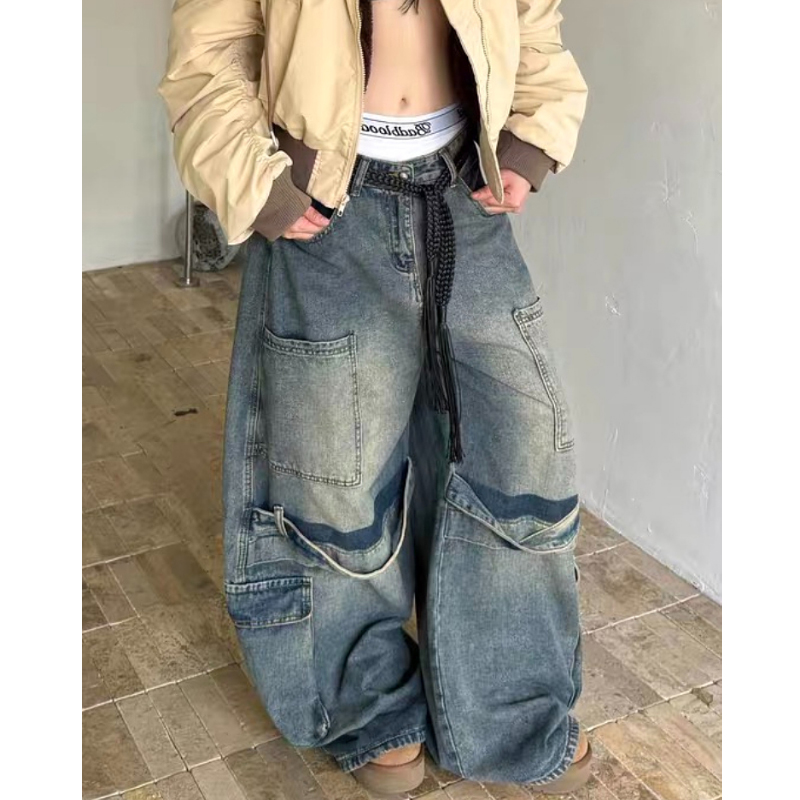 大码美式复古做旧拼接工装牛仔裤男女2025秋冬新款宽松弯刀阔腿裤 - 图0